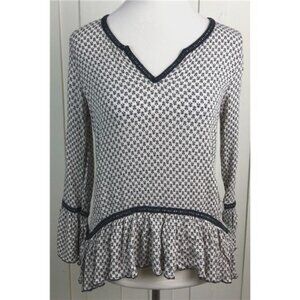 Living Doll Blue White Geometric Knit Top Bell Sleeve V Neck Ruffle Hem S